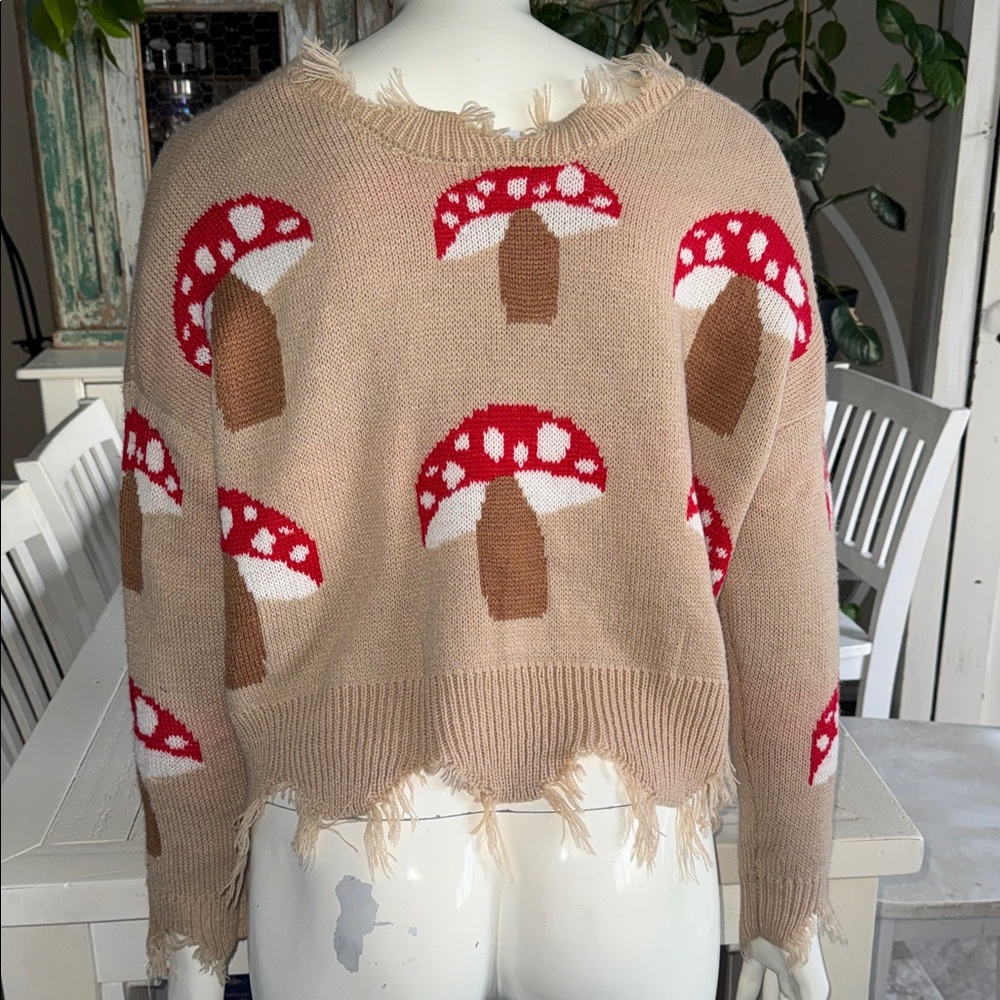 Rue 21 Frayed Mushroom Pattern V Neck knit Sweater - Tan Red white - Picture 5 of 9